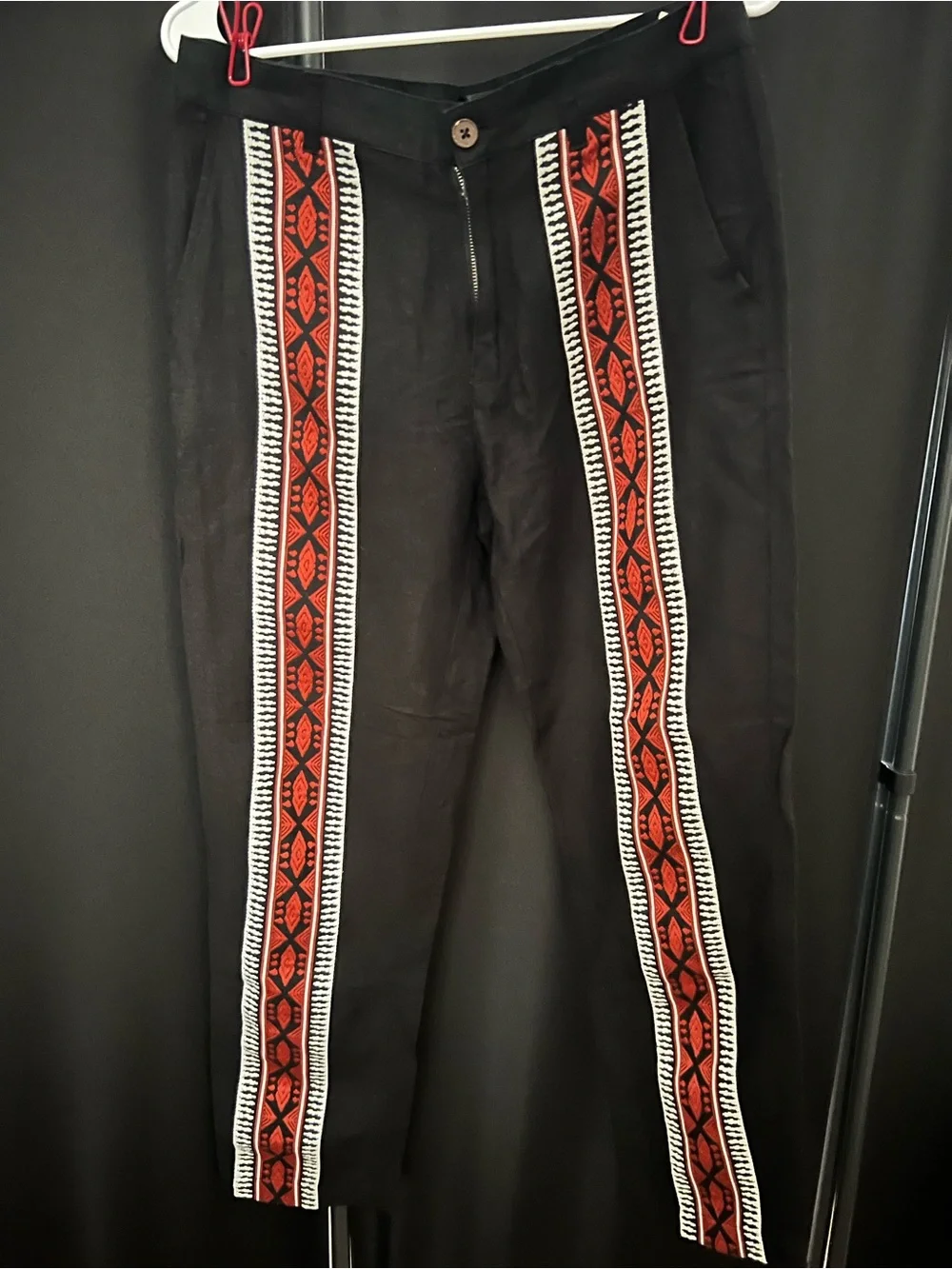 Zara Black Linen Pants with Red & White Tribal Front Stripes